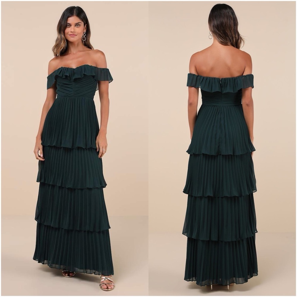 LULU’S Always Remarkable Emerald Pleated Off The Shoulder Maxi Dress
